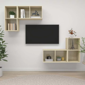 4 db tölgyszínű szerelt fa falra szerelhető TV-szekrény