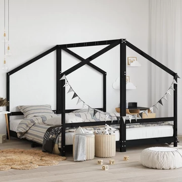 Fekete tömör fenyőfa gyerekágykeret 2 x (90 x 200) cm