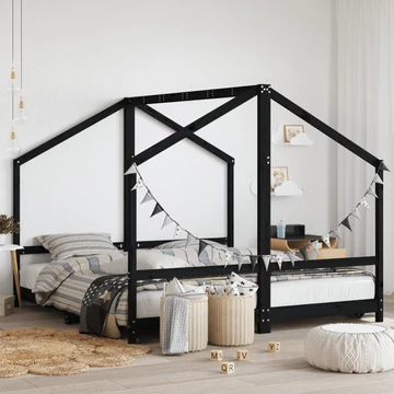 Fekete tömör fenyőfa gyerekágykeret 2 x (90 x 190) cm