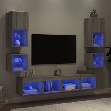 8 darab szürke sonoma színű szerelt fa fali TV-bútor LED-del