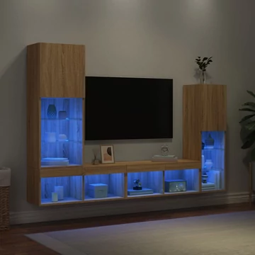 4 darab füstös tölgy színű szerelt fa TV-bútor LED-del