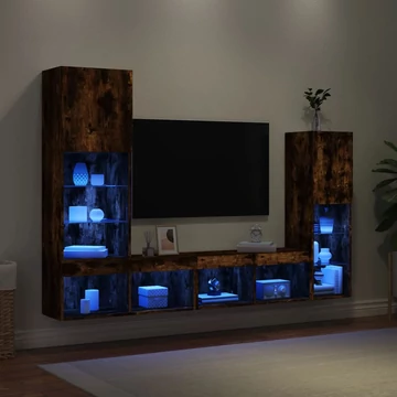 4 darab füstös tölgy színű szerelt fa TV-bútor LED-del