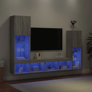 4 darab szürke sonoma színű szerelt fa fali TV-bútor LED-del