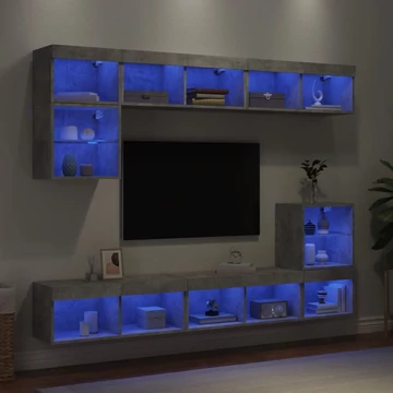 8 darab betonszürke szerelt fa fali TV-bútor LED-del