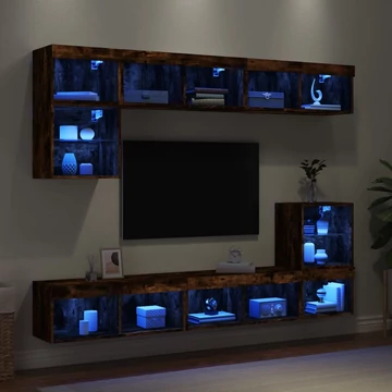 8 darab füstös tölgy színű szerelt fa TV-bútor LED-del