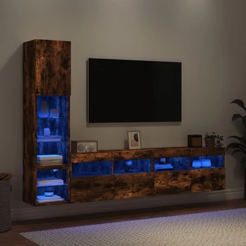 4 darab füstös tölgy színű szerelt fa TV-bútor LED-del