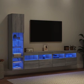 4 darab szürke sonoma színű szerelt fa fali TV-bútor LED-del