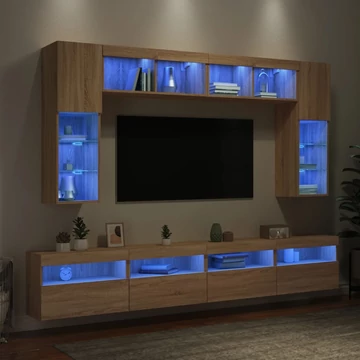8 darab sonoma tölgy színű falra szerelhető TV-szekrény LED-del