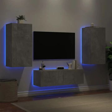 3 darab betonszürke falra szerelhető TV-szekrény LED-del