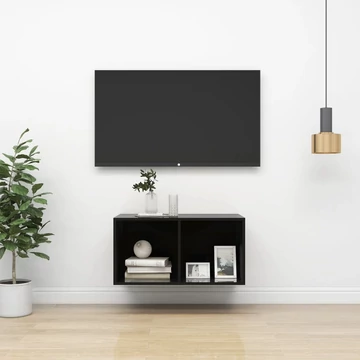 Magasfényű fekete szerelt fa fali TV-szekrény 37 x 37 x 72 cm