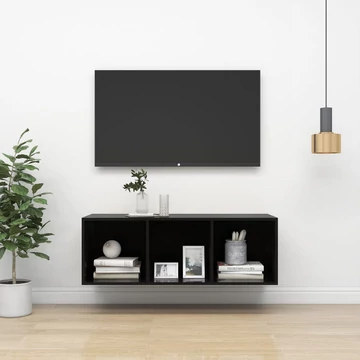 Magasfényű fekete szerelt fa fali TV-szekrény 37 x 37 x 107 cm
