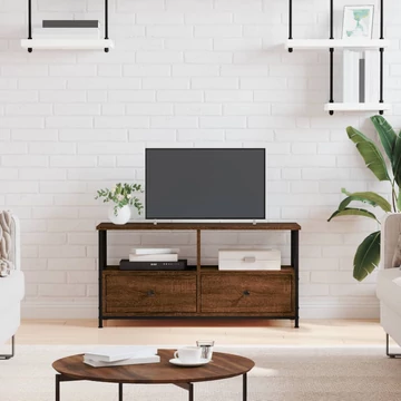 Barna tölgyszínű szerelt fa és vas TV-szekrény 90x33x45 cm