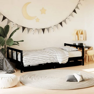 Fekete tömör fenyőfa gyerekágy keret fiókkal 90x190 cm
