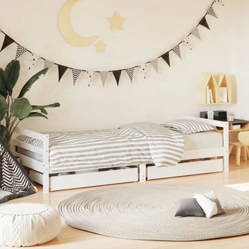 Fehér tömör fenyőfa gyerekágykeret fiókokkal 80 x 200 cm