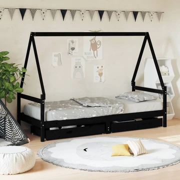 Fekete tömör fenyőfa gyerekágykeret fiókokkal 90 x 200 cm