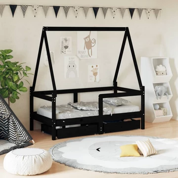 Fekete tömör fenyőfa gyerekágykeret fiókokkal 70 x 140 cm