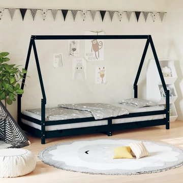 Fekete tömör fenyőfa gyerekágykeret 80 x 200 cm