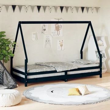 Fekete tömör fenyőfa gyerekágykeret 90 x 200 cm