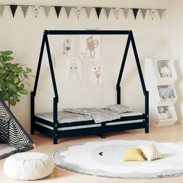 Fekete tömör fenyőfa gyerekágykeret 70 x 140 cm