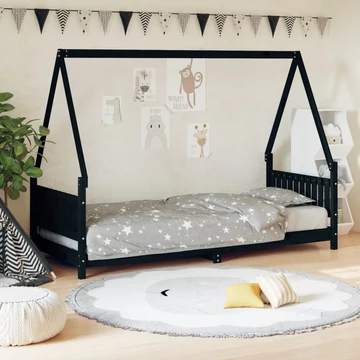Fekete tömör fenyőfa gyerekágykeret 80 x 200 cm