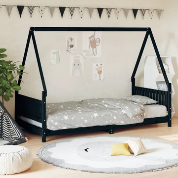 Fekete tömör fenyőfa gyerekágykeret 90 x 200 cm