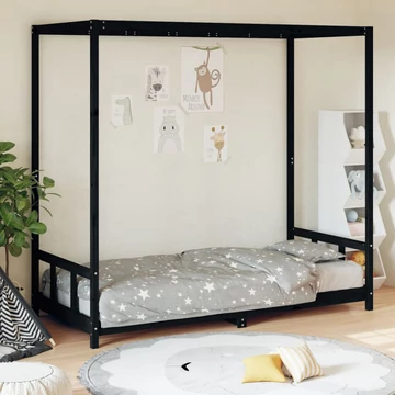 Fekete tömör fenyőfa gyerekágykeret 90 x 190 cm