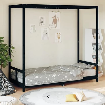 Fekete tömör fenyőfa gyerekágykeret 80 x 200 cm