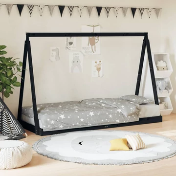 Fekete tömör fenyőfa gyerekágykeret 80 x 200 cm