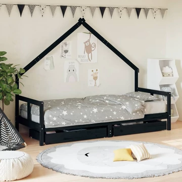 Fekete tömör fenyőfa gyerekágykeret fiókokkal 80 x 200 cm