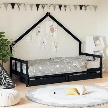 Fekete tömör fenyőfa gyerekágykeret fiókokkal 90 x 200 cm