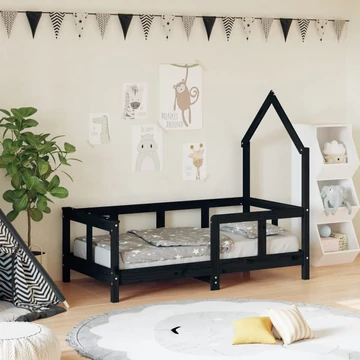 Fekete tömör fenyőfa gyerekágykeret 70 x 140 cm
