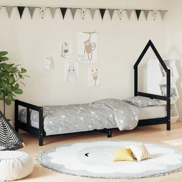Fekete tömör fenyőfa gyerekágykeret 80 x 200 cm