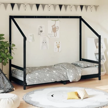 Fekete tömör fenyőfa gyerekágykeret 80 x 200 cm