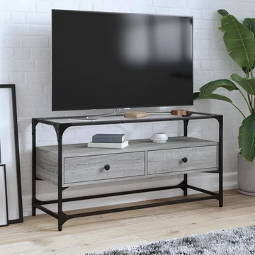 Szürke sonoma szerelt fa TV-szekrény üveglappal 98 x 35 x 51 cm