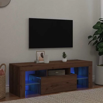Kézműves tölgy szerelt fa TV-szekrény LED-ekkel 120x36,5x40 cm