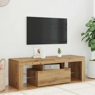 Kézműves tölgy szerelt fa TV-szekrény LED-ekkel 120x36,5x40 cm