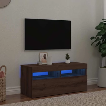 Kézműves tölgy szerelt fa TV-szekrény LED-ekkel 90x35x40 cm