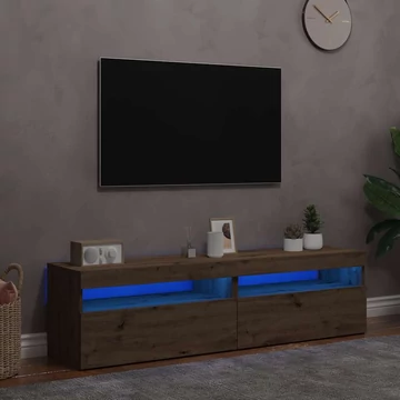 2 db kézműves tölgy színű szerelt fa TV-szekrény LED-lámpákkal