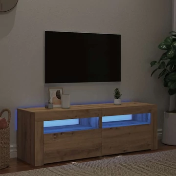 Kézműves tölgy szerelt fa TV-szekrény LED-ekkel 120x35x40 cm