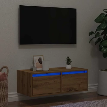 Kézműves tölgy színű TV-szekrény LED-lámpákkal 75x35,5x25 cm