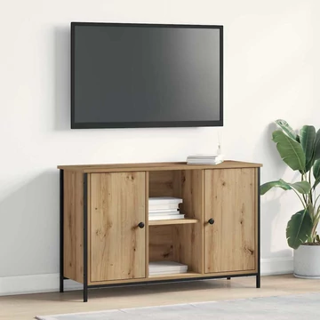 TV Szekrény Fekete Tölgy 101x35x65 cm Műanyag Fa és Acél