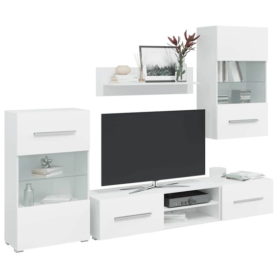 5 részes, fehér fali TV állvány szett LED világítással