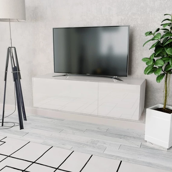 Fehér magasfényű szerelt fa TV szekrény 120 x 40 x 34 cm