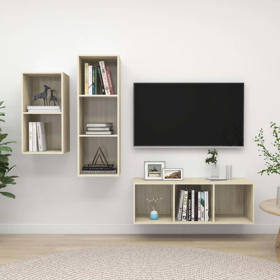 3 részes tölgyszínű szerelt fa TV-szekrény szett