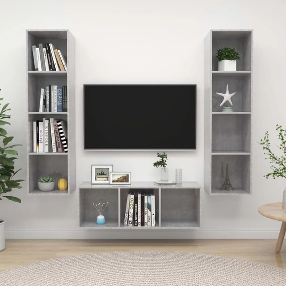 3 részes betonszürke szerelt fa TV-szekrény szett