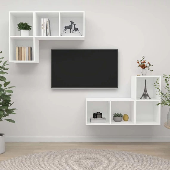 4 db fehér szerelt fa falra szerelhető TV-szekrény