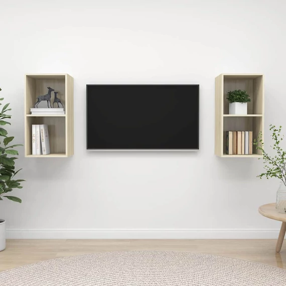2 db tölgyszínű szerelt fa falra szerelhető TV-szekrény