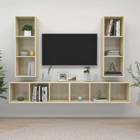 4 db tölgyszínű szerelt fa falra szerelhető TV-szekrény