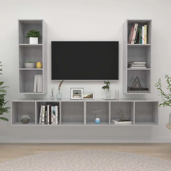 4 db betonszürke szerelt fa falra szerelhető TV-szekrény