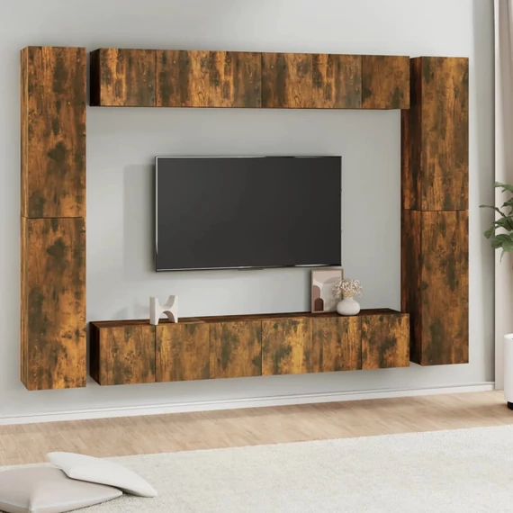 10 részes füstös tölgy színű szerelt fa TV-szekrényszett